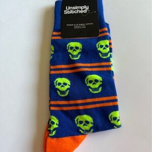 UNSIMPLY STITCHED MENS MUSTACHE SKULL NEON SOCKS BLUE GREEN ORANGE OS NWT